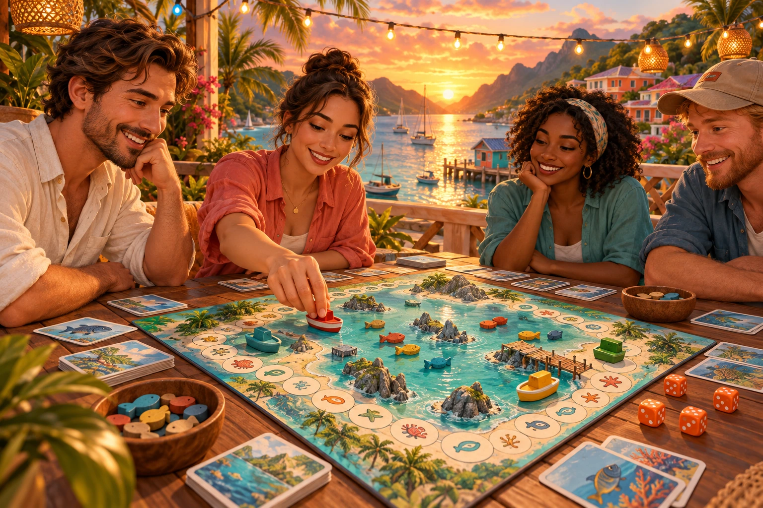 Tidebound Table illustrated tabletop game-night scene